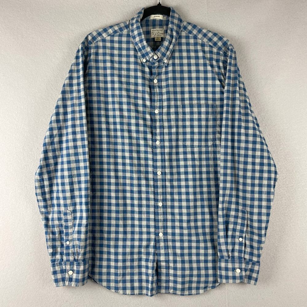 J Crew Shirt Mens Large Blue Check Organic Cotton Button Down Stretch Preppy